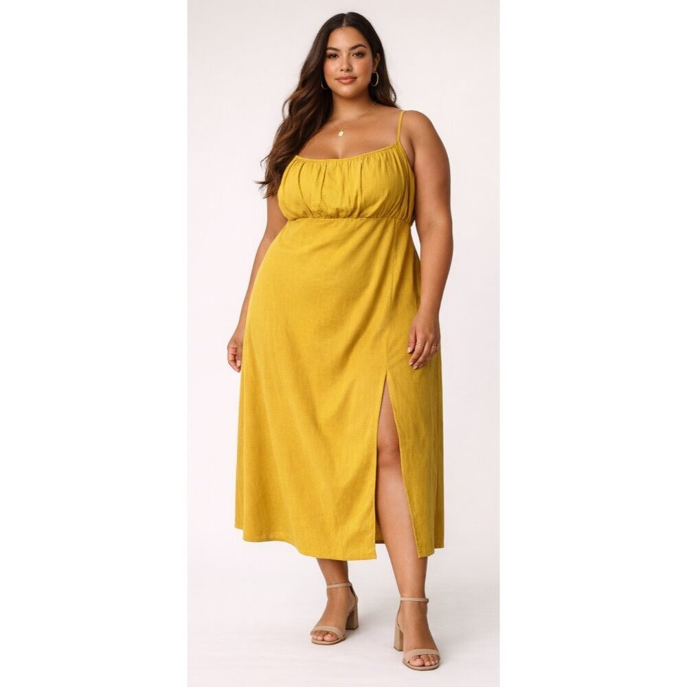 Rebdolls A Line Midi Dress Side Slit Sundress Mustard Yellow Linen Blend Sz 2X